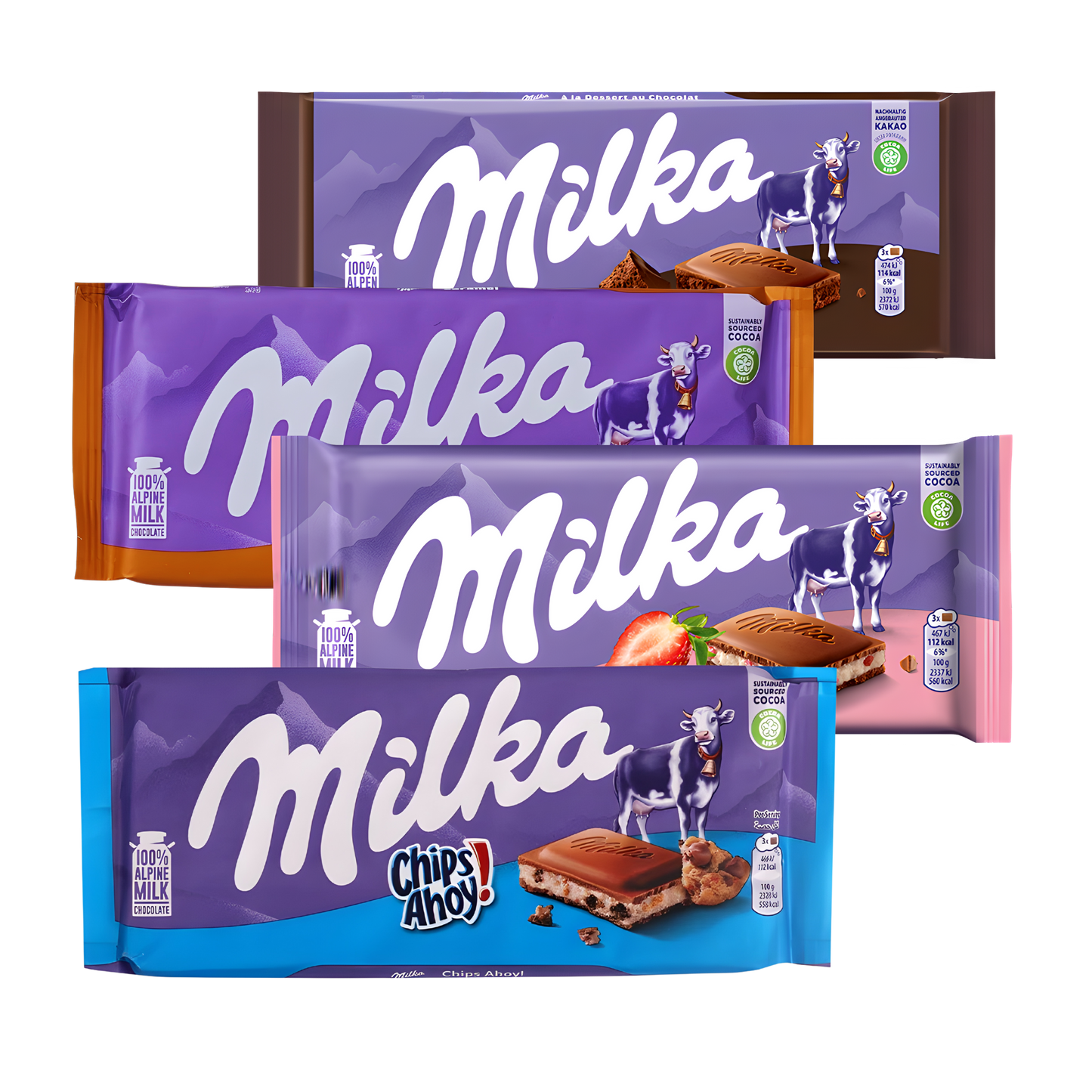 Milka Chocolate Variety Pack | 4 × 100g | Chips Ahoy, Strawberry, Caramel & Dessert Mix