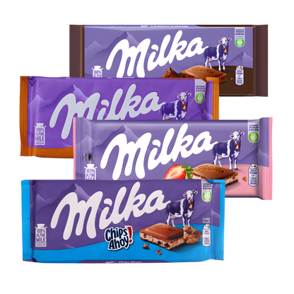 Milka Chocolate Variety Pack | 4 × 100g | Chips Ahoy, Strawberry, Caramel & Dessert Mix