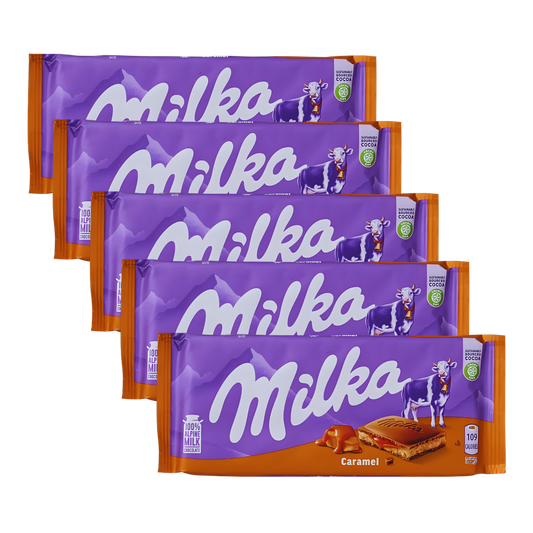 Milka Caramel Chocolate Pack | 5 × 100g Alpine Milk Caramel Bar | Premium Gift Bundle