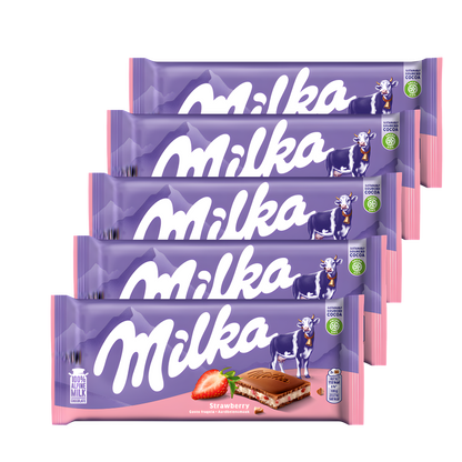 Milka Strawberry Chocolate Pack | 5 × 100g Alpine Milk & Fruit Bar | Premium Gift Bundle