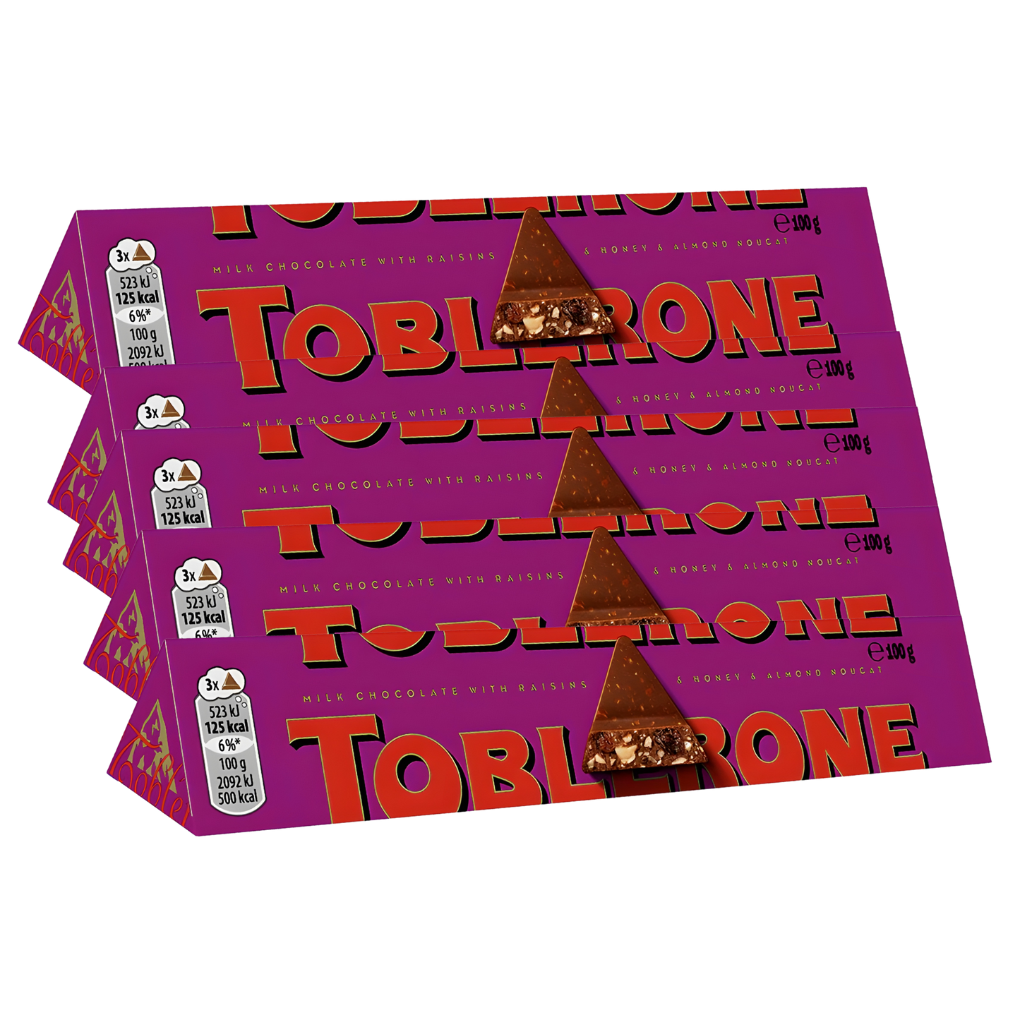 Toblerone Fruit & Nut Chocolate Pack | 5 × 100g Raisins & Almond Nougat | Swiss Gift Box