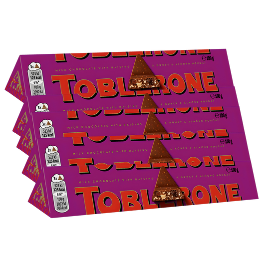 Toblerone Fruit & Nut Chocolate Pack | 5 × 100g Raisins & Almond Nougat | Swiss Gift Box