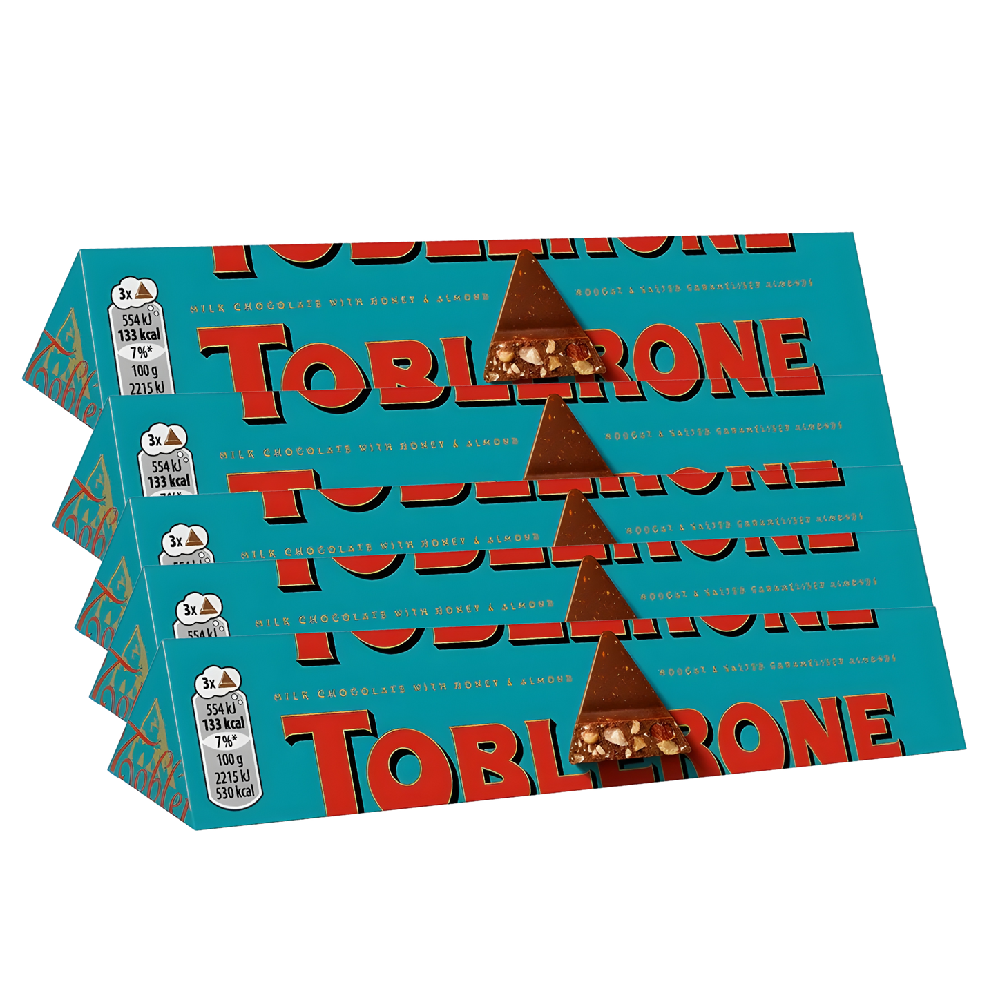 Toblerone Crunchy Almond Chocolate Pack | 5 × 100g Honey & Almond Nougat | Swiss Gift Box