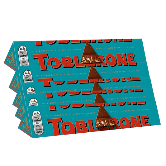 Toblerone Crunchy Almond Chocolate Pack | 5 × 100g Honey & Almond Nougat | Swiss Gift Box